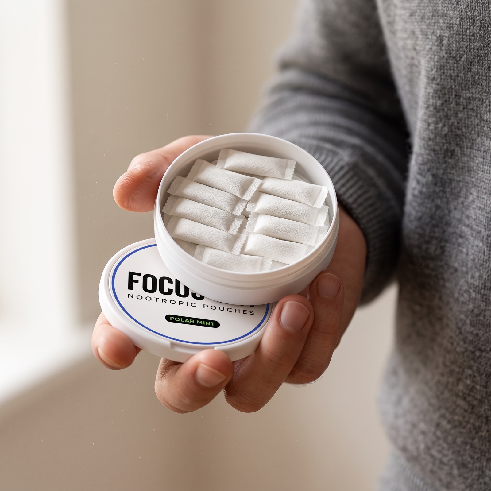 Open Focus On tin showing pouches