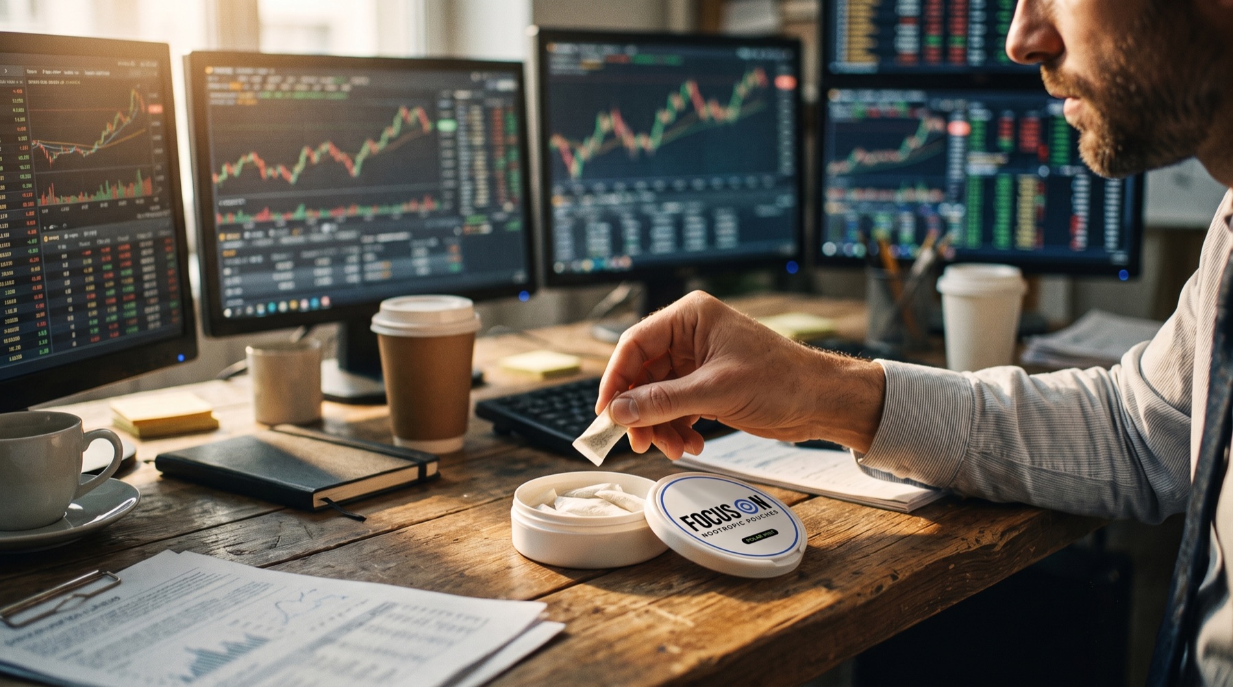 A Focus On pouch on a trading desk